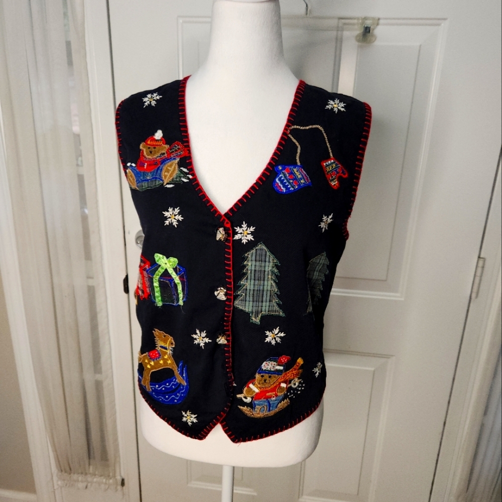Life Style Christmas Holiday Embroidered Vest Size Small